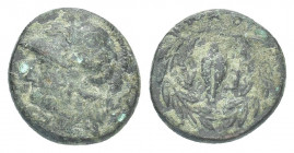 Aeolis. Elaia 400 BC. Bronze Æ Helmeted head of Athena left / Grain ear within olive wreath. 3.6g 15.8mm