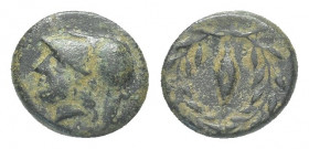 Aeolis. Elaia 400 BC. Bronze Æ Helmeted head of Athena left / Grain ear within olive wreath. 1.4g 11.5mm