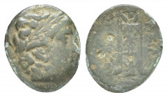 Seleucid Kings, Antiochus II Theos 261-246 BC, AE 
 Sardes mint Laureate head of Apollo right Tripod, anchor below 3.5g 15.6mm