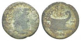 IONIA. Smyrna. Pseudo-autonomous (218-235). Ae.
 CMVPNAIΩN. Draped bust of Serapis right, wearing calathus. Rev: CMVPNAΩN. Prow right; in exergue, dol...