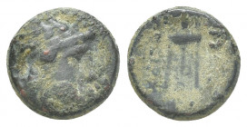 Seleucid Kings, Antiochus II Theos 261-246 BC, AE 
 Sardes mint Laureate head of Apollo right Tripod, anchor below 4.1g 15.7mm
