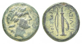 Greek
BITHYNIAN KINGDOM. Prusias I Chlorus. Ca. 230-182 BC. Æ Laureate head of Apollo right / Bow and quiver 5.3g 16.3mm