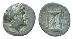 Greek
Mysia, Kyzikos. 2nd century B.C. AE 18 Veiled head of Kore Soteira right, hair in sphendone, with wreath of grain-ears / K- Y / Ξ - I, letters ...