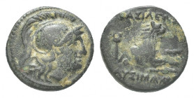 Greek
KINGS of THRACE, Macedonian. Lysimachos. 305-281 BC. Æ Half Unit Lysimacheia mint. Helmeted head of Athena right / Forepart of lion leaping rig...
