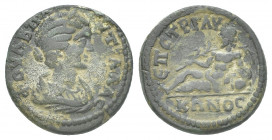 Roman Provincial 
Hypaepa, Lydia Plautilla / River-god reclining Strategos Glykonos.
Very RaRe 8g 23mm