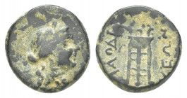 Greek
Phrygia, Laodikeia ad Lycum Æ 15mm. Circa 133-80 BC. Laureate head of Apollo to right / ΛAOΔIKEΩN, tripod 4.4g 15.5mm
