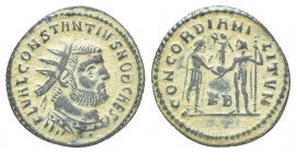Roman Imperial
Constantius I Æ Nummus. Cyzicus, AD 294-299 AD. FL VAL CONSTANTIVS NOB CAES, radiate, draped and cuirassed bust right / CONCORDIA MILI...