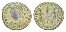 Roman Imperial
Commemorative Series, 330-354. Follis a contemporary imitation of an issue from Nicomedia 330. CONSTΠNIINOPOIIS Helmeted and mantled b...