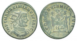 Roman Imperial 
MAXIMIANUS Herculius, 285-305 AD. Silvered Æ Antoninianus of Antioch. Radiate draped bust / Emperor receiving Victory on globe from Ju...