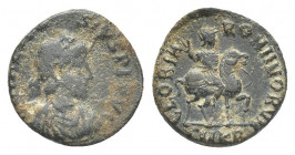 Roman Imperial 
Honorius. AD 393-423. Æ Antioch mint, 3rd officina. Struck AD 392-395. Pearl-diademed, draped, and cuirassed bust right / Emperor on h...