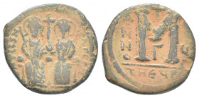 Byzantine
 Justin II (565-578) and Sophia Æ follis Antioch , dated RY6 = 570/571.
Obv: D N IVSTINVS PP AV (or similar, first half retrograde and grabl...