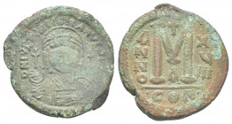 Byzantine
Justinian I AD 527-565. Dated RY 21 (547/8). Constantinople. 1st officina
Follis or 40 Nummi Æ
D N IVSTINIANVS P P AVG, helmeted and cuirass...