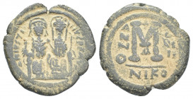 Byzantine
 Justin II with Sophia, 565 - 578 AD Nikomedia. Half Follis
Justin on left and Sophia on right, seated facing on double throne, Justin holds...