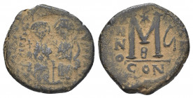Byzantine
 Justin II and Sophia - Large M Follis. 565-578 AD. Constantinople mint, year 5. Obv: IVSTINVS PP AV legend with Justin left holding globus ...