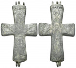 Byzantine Period, circa 8th - 9th Century ADrnA fine bronze reliquary cross . Depicted on the face is the Virgin Orans, or, standing facing with uprai...