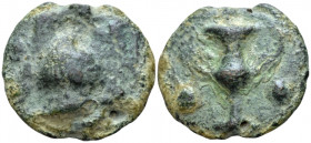 Etruria, Uncertain mint in Central Italy Quadrans III century BC, Æ 40.00 mm., 53.84 g.
Griffin-crested helmet r.; in field, [three pellets]. Rev. Ca...