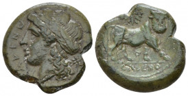 Campania , Cales Bronze circa 265-240, Æ 20.00 mm., 5.57 g.
Laureate head of Apollo l.; in r. field, star. Rev. Man-faced bull advancing r.; above, s...