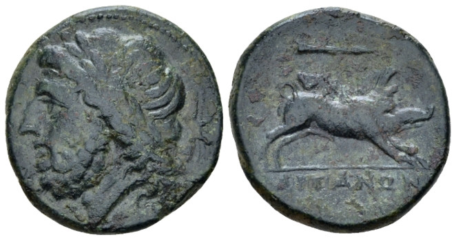 Apulia, Arpi Bronze circa 325-275, Æ 21.00 mm., 3.37 g.
Laureate head of Zeus l...