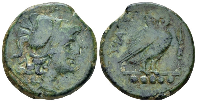 Apulia, Teate Quincunx circa 225-200, Æ 27.00 mm., 16.11 g.
Head of Athena r. w...