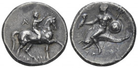 Calabria, Tarentum Nomos circa 280-272, AR 21.00 mm., 6.42 g.
Jockey crowing its horse pacing r.; behind, AP ligate and below, ΔΑΜΥ – ΛΟΣ Dolphin rid...