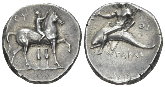 Calabria, Tarentum Nomos circa 280-272, AR 21.00 mm., 6.70 g.
Jockey r., crowni...