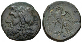 Bruttium, Locris Bronze circa 281-272, Æ 25.00 mm., 18.60 g.
Laureate head of Zeus l. Rev. Eagle standing l. on thunderbolt; in field, cornucopia. SN...