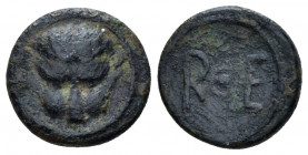 Bruttium, Rhegium Bronze circa 450-415, Æ 12.00 mm., 1.22 g.
Head of lion facing. Rev. R-E flanking pellet-in-circle. Rutter, South, Group II. Histor...