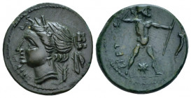 Bruttium, The Brettii Half Unit circa 214-211, Æ 17.00 mm., 3.57 g.
Head of Nike l., wearing hair-band. Rev. Zeus standing facing, hurling thunderbol...