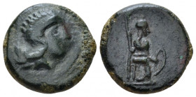 Sicily, Atl Hemilitra circa 357-336, Æ 15.00 mm., 3.82 g.
Crude helmeted head of Athena r. Rev. Female enthroned r. Calciati 3. SNG ANS –.

Very ra...
