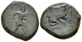 Sicily, Sileraioi Bronze circa 354/3-344, Æ 17.00 mm., 7.00 g.
Forepart of man-headed bull r. Rev. Warrior advancing r., holding shield and spear. Ca...