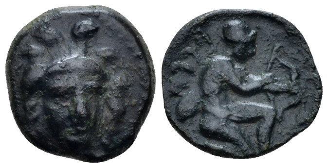 Sicily, Solus Tetras circa 400-400, Æ 14.00 mm., 1.93 g.
Head of Athena facing ...