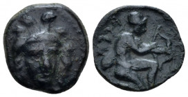 Sicily, Solus Tetras circa 400-400, Æ 14.00 mm., 1.93 g.
Head of Athena facing slightly r. wearing Corinthian helmet. Rev. Warrior kneeling right, dr...