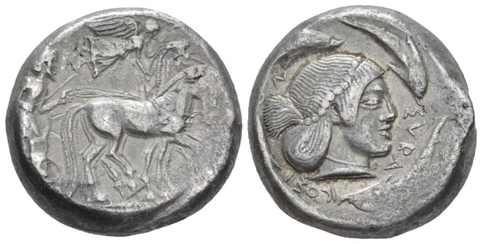 Sicily, Syracuse Tetradrachm circa 478-472, AR 22.00 mm., 17.25 g.
Charioteer d...