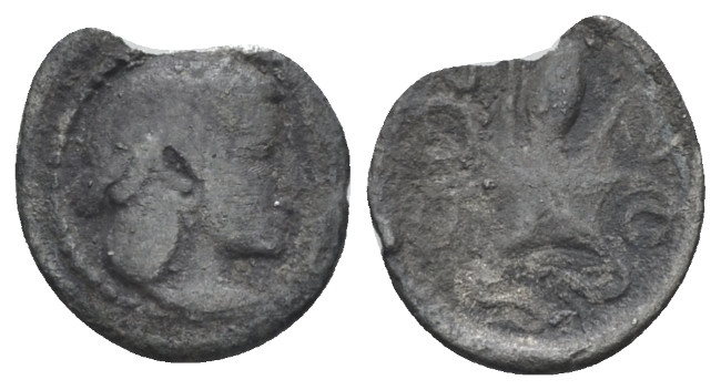 Sicily, Syracuse Litra circa 466-460, AR 12.00 mm., 0.50 g.
Head of Arethusa r....