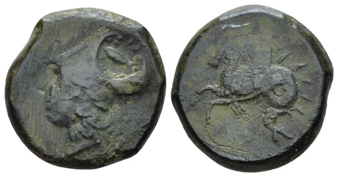 Sicily, Syracuse Bronze circa 405-367, Æ 17.00 mm., 6.48 g.
Helmeted head of At...