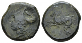 Sicily, Syracuse Bronze circa 405-367, Æ 17.00 mm., 6.48 g.
Helmeted head of Athena l.; c/m fish l. Rev. Hippocamp swimming l. Calciati 34. SNG ANS 4...