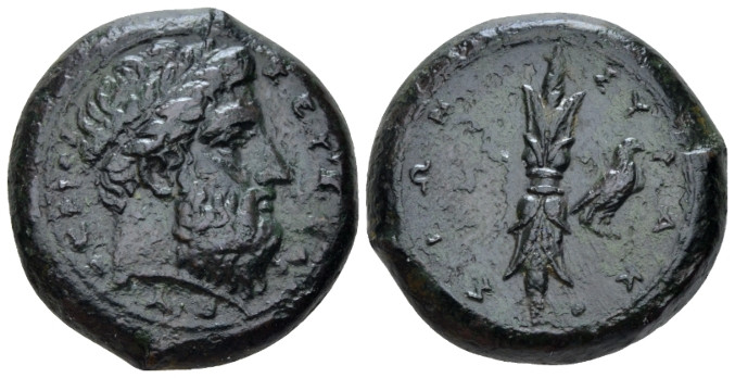 Sicily, Syracuse Hemidrachm circa 344-317, Æ 25.00 mm., 16.99 g.
Bearded and la...