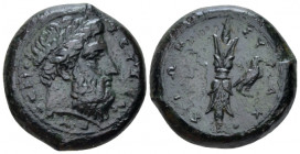 Sicily, Syracuse Hemidrachm circa 344-317, Æ 25.00 mm., 16.99 g.
Bearded and laureate head of Zeus Eleutherios r. Rev. Winged thunderbolt; in r. fiel...