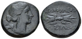 Sicily, Syracuse Bronze circa 317-289 BC, Æ 22.00 mm., 11.31 g.
Draped bust of Artemis r., holding quiver on shoulder. Rev. Winged thunderbolt. SNG A...