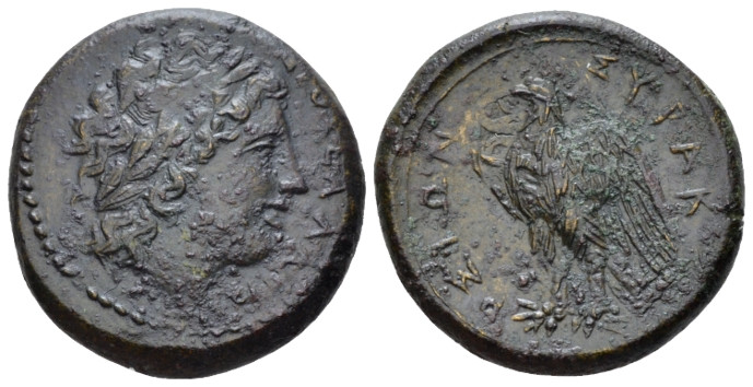 Sicily, Syracuse Bronze circa 287-278, Æ 22.00 mm., 9.32 g.
Laureate head of Ap...