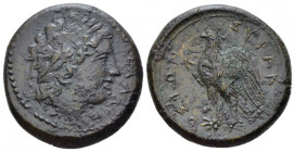 Sicily, Syracuse Bronze circa 287-278, Æ 22.00 mm., 9.32 g.
Laureate head of Apollo r. Rev. Eagle standing l., wing open, on thunderbolt: in l. field...