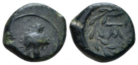 Sicily, Tauromenium, Campanian Mercenaries Bronze circa 354-344,, Æ 11.00 mm., 1.88 g.
Helmet r. Rev. Monogram within wreath. Calciati 2-3. Castrizio...
