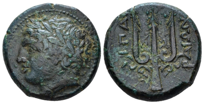 Island of Sicily, Lipara Bronze circa 304-252, Æ 21.00 mm., 8.80 g.
Laureate he...