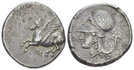 Corinthia, Corinth Stater circa 375-300, AR 21.90 mm., 8.17 g.
Pegasos flying l.; below, Ϙ. Rev. Head of Athena l., wearing laureate Corinthian helme...