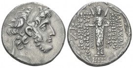 The Seleucid Kings, Demetrius III, 96-87 Damascus Tetradrachm 96-95, AR 27.00 mm., 16.01 g.
Diademed head r. Rev. Cult statue of Atargatis standing f...