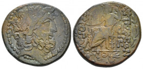 Seleucis ad Pieria, Antiochia Bronze II century BC, Æ 24.00 mm., 11.71 g.
Laureate head of Zeus r. Rev. Zeus Nikephoros seated l.; cornucopia before;...