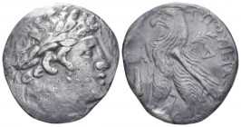 Phoenicia, Tyre Shekel after 126, AR 27.00 mm., 13.96 g.
Laureate bust of Melkart r. Rev. Eagle standing l. on prow; palm branch at shoulder; in l. f...