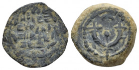 Judaea, John Hyrkanos I, 135-104. Jerusalem Prutah 135-104, Æ 15.00 mm., 2.23 g.
Splayed double cornucopia with pomegranate between the horns. Rev. L...