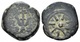 Judaea, Alexander Jannaios, 103-76 Jerusalem Prutah circa 103-76, Æ 14.00 mm., 2.94 g.
Anchor. Rev. Star of eight rays surrounded by diadem. Hendin 1...