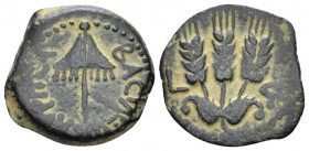 Judaea, Agrippa I, 37-43 Jerusalem Prutah circa 41-42, Æ 17.00 mm., 2.43 g.
Canopy. Rev. Three ears of corn; in field, L-Ϛ. RPC 4981. Hendin 1244.
...
